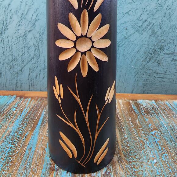 Boho Chic Hand Carved Wooden Vase with Floral Design and Jute Twine Accent - Picture 3 of 10